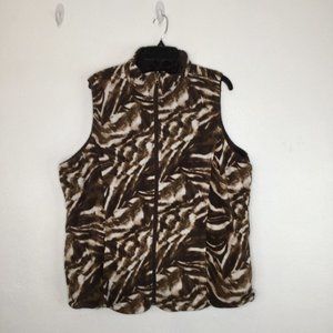 French Laundry Vest Women 2X Brown White Animal Print Fleece Pockets Full Zip